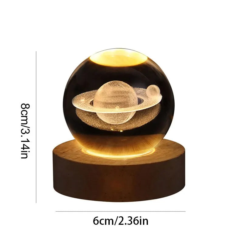 Luminária 3D bola de cristal Lua, Sistema Solar e Saturno