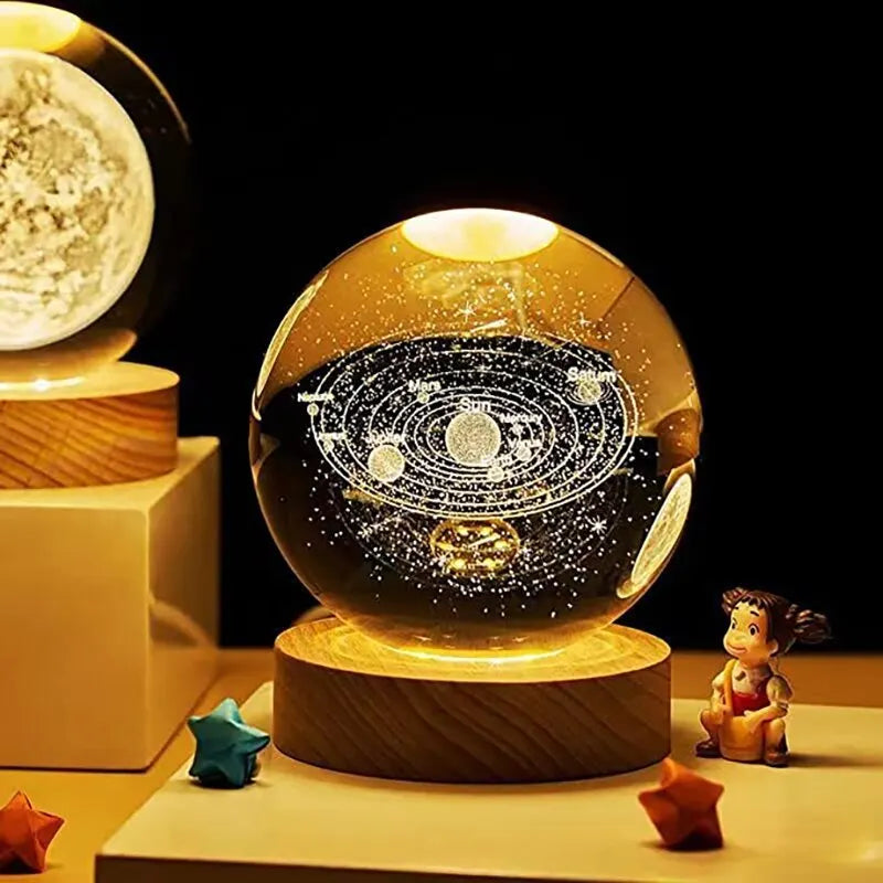 Luminária 3D bola de cristal Lua, Sistema Solar e Saturno